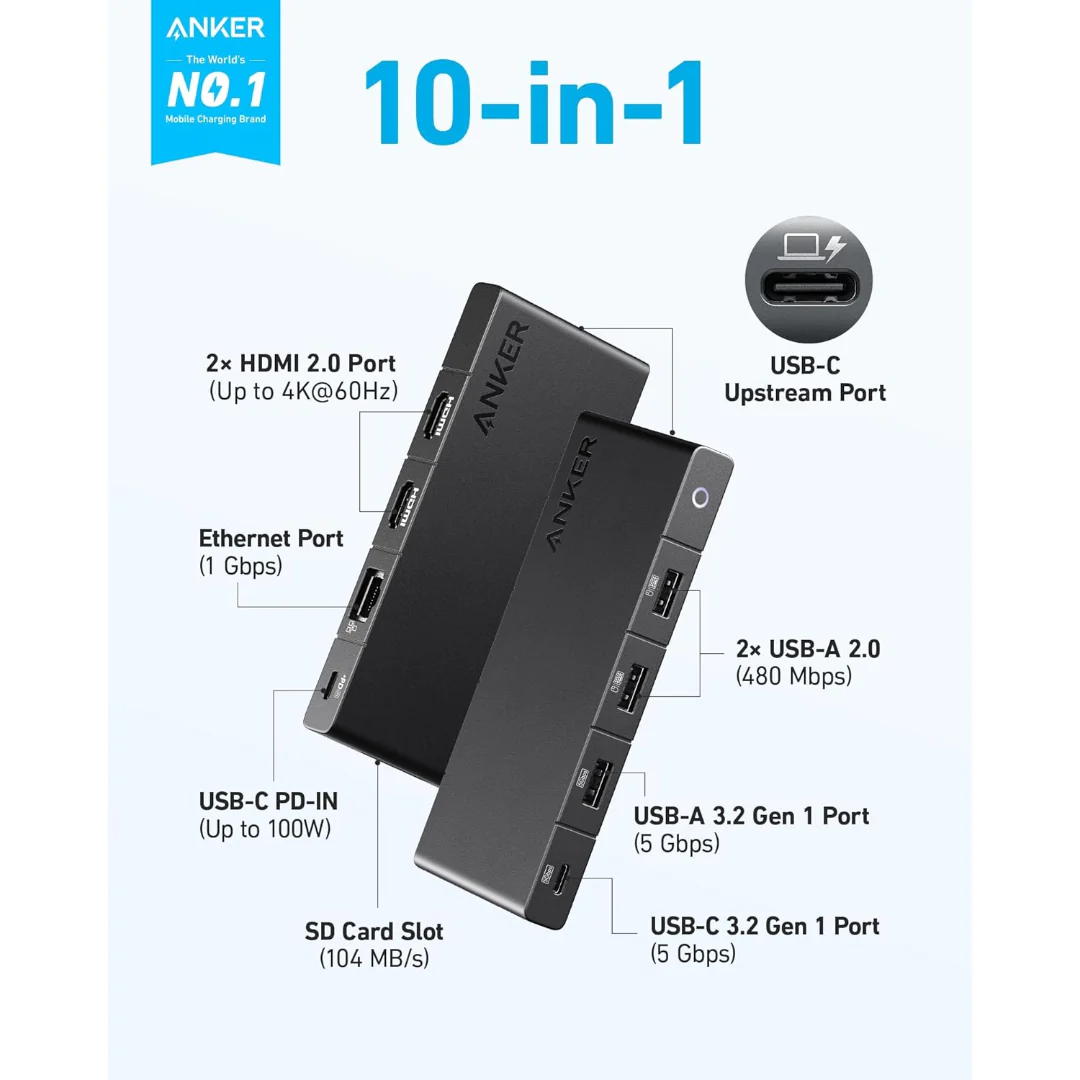 Stock promotionAnker 364 USB C Hub 10-in-1, Dual 4K HDMI) - Black | A83A2G11