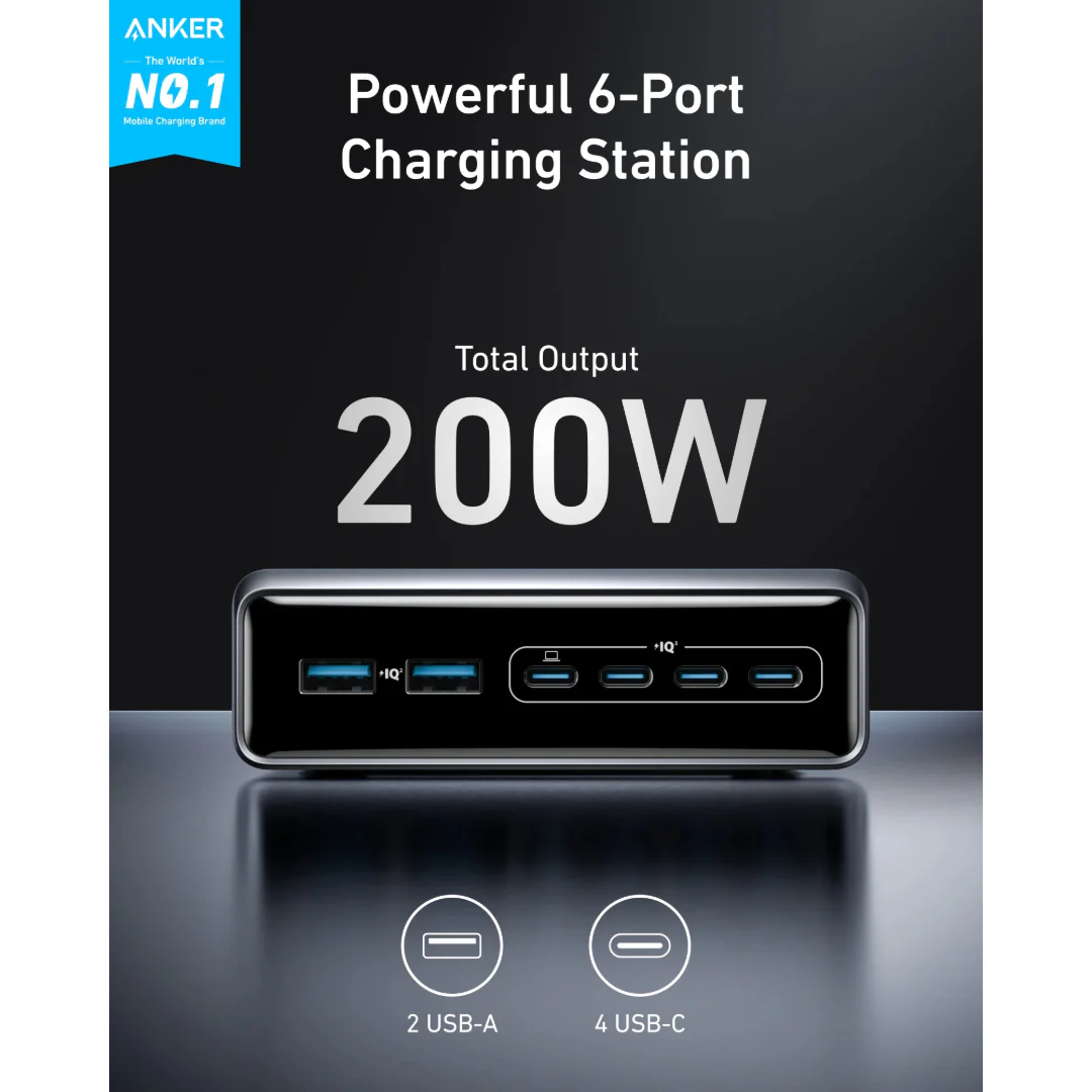 Stock promotionAnker Prime Charger 200W 6 Ports ( 4 x USB c 2 x USB A ) GaN - Silver | A2683241